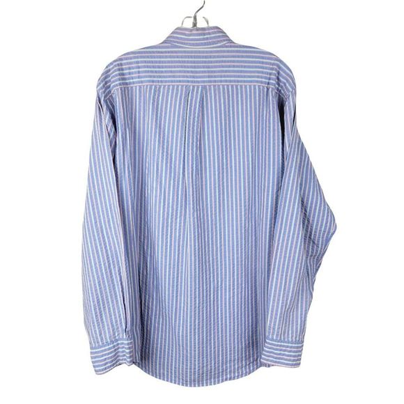 Lands' End Blue Stripes Crepe Textured Cotton Button Long Sleeves Shirt Size L - Picture 2 of 11